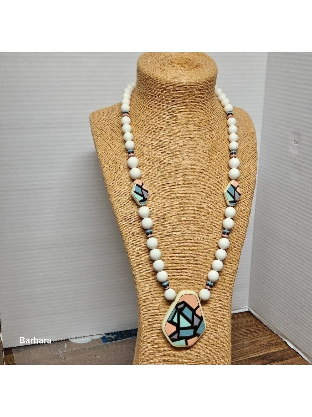 Vintage 70s Geometric Beaded Ceramic Necklace with Pierced Earrings Set